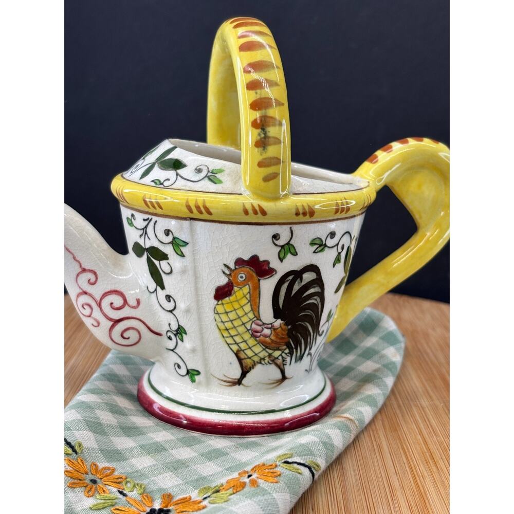 Vintage Rooster & Roses Watering Can Planter Japan Hand Painted Pottery